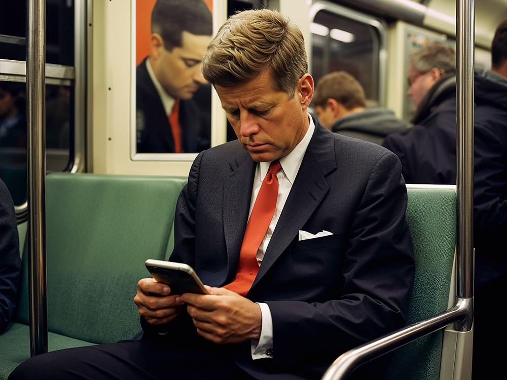 Julian van Dieken ist Mediendesigner und arbeitet mit KI-Tools. So entstand auch dieses Bild, auf dem John F. Kennedy in einer U-Bahn zu sehen ist, vertieft in sein Smartphone. Mit der Serie Präsidenten in der U-Bahn möchte van Dieken die Chancen und Risiken Generativer KI demonstrieren. (Illustration/KI: Julian van Dieken) – Julian van Dieken ist Mediendesigner und arbeitet mit KI-Tools. So entstand auch dieses Bild, auf dem John F. Kennedy in einer U-Bahn zu sehen ist, vertieft in sein Smartphone. Mit der Serie Präsidenten in der U-Bahn möchte van Dieken die Chancen und Risiken Generativer KI demonstrieren. (Illustration/KI: Julian van Dieken)